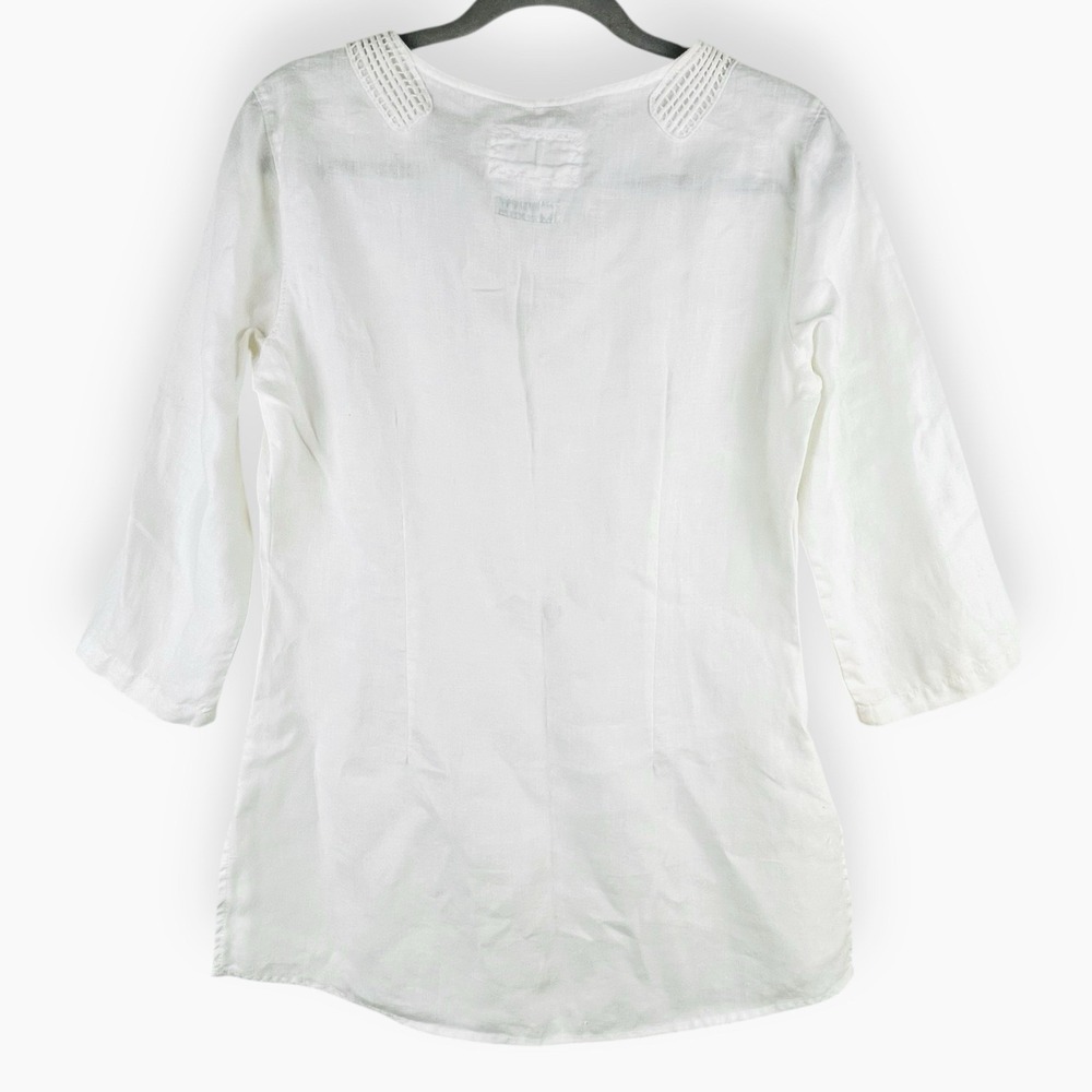 Malvin I 🖤 Linen White Tunic Medium US: 8 Top 3/4 Sleeve Blouse Beach Crochet - Picture 4 of 10